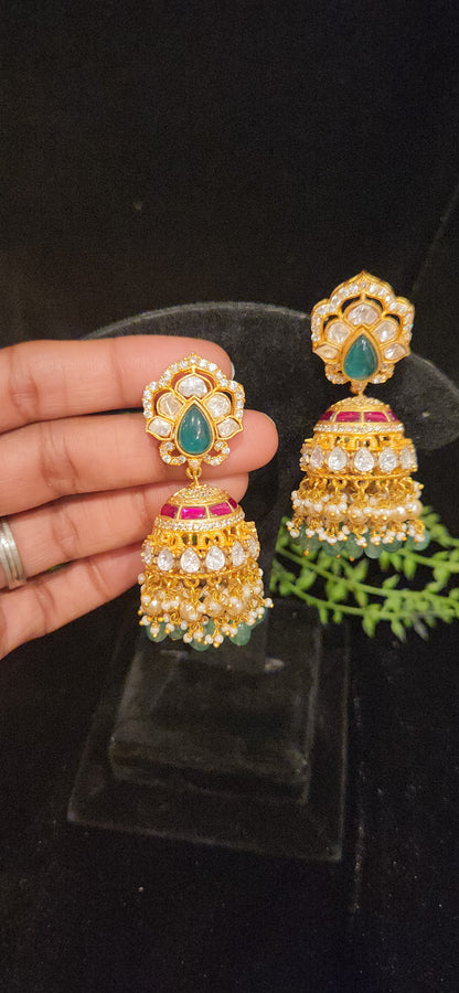 Premium Kundan Green Stone Jhumka
