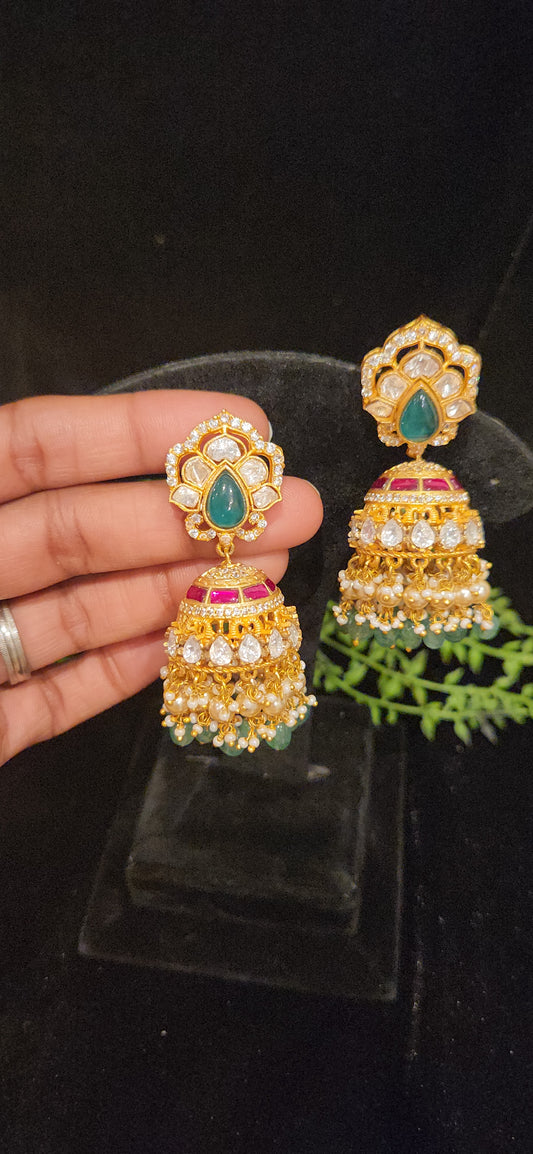 Premium Kundan Green Stone Jhumka