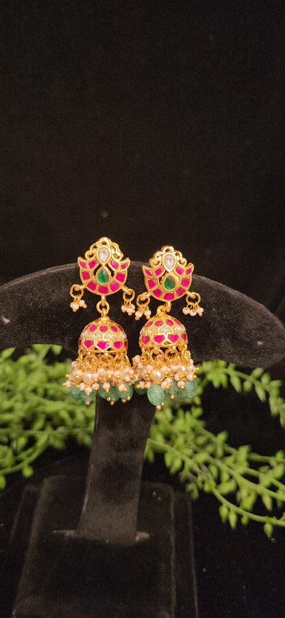 Handcrafted Kundan Pink & Green Stone Jhumka