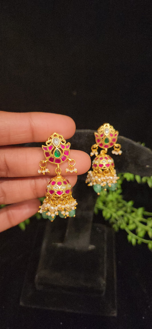Handcrafted Kundan Pink & Green Stone Jhumka