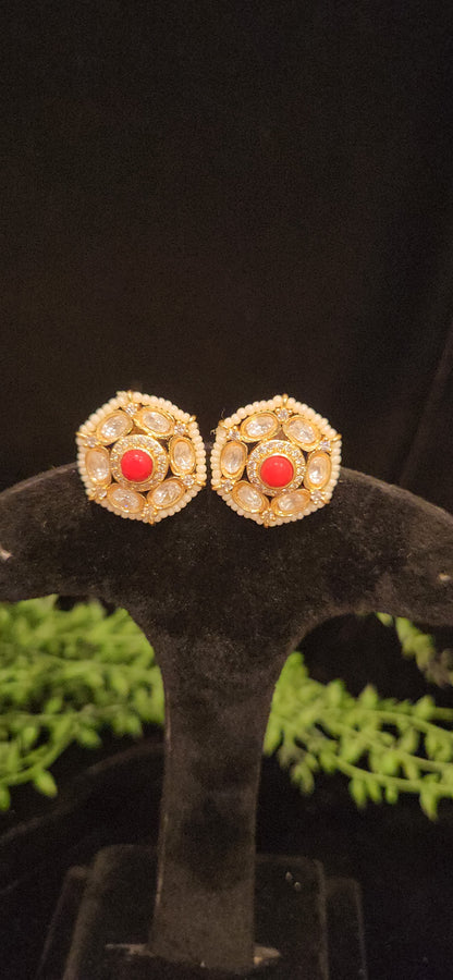 Polki Kundan Gold Finish Pearl Studs