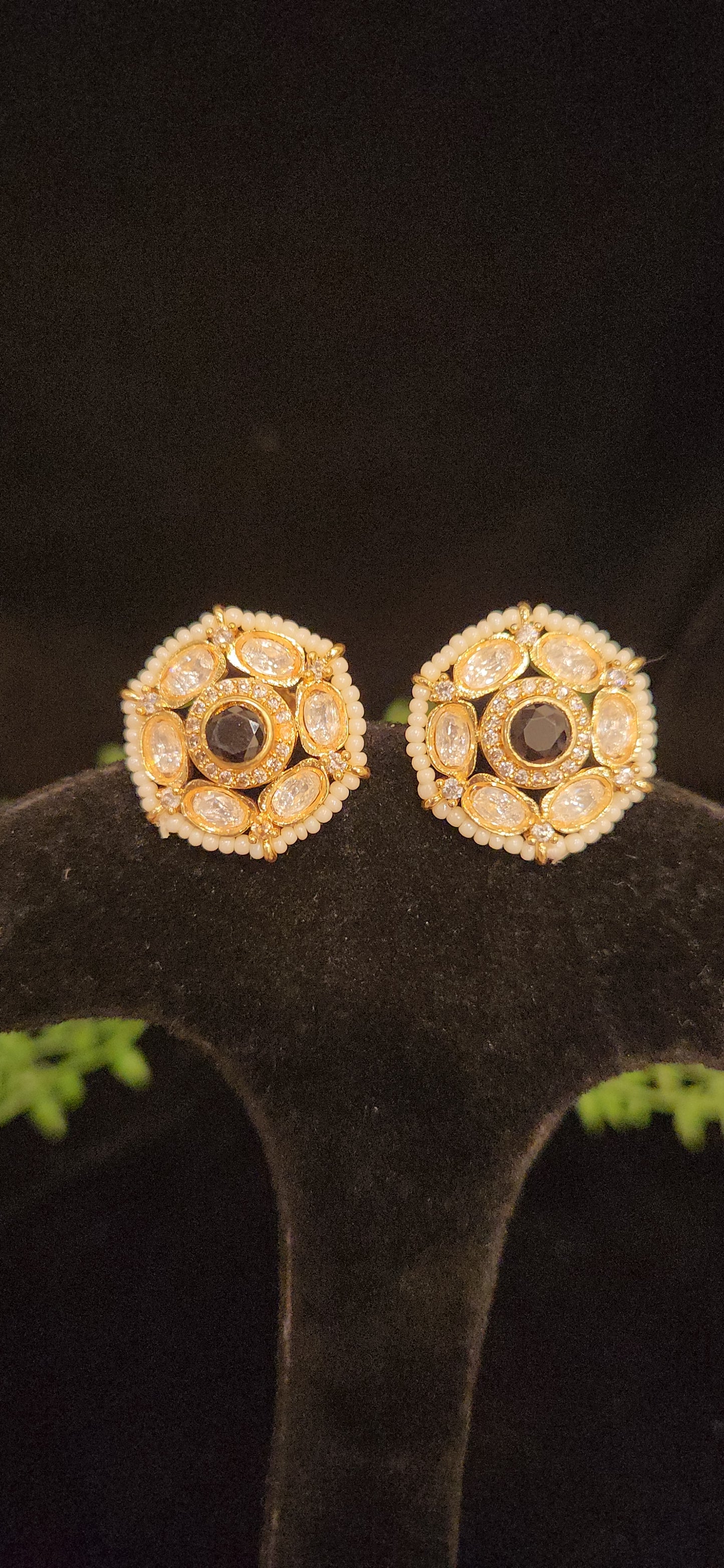 Polki Kundan Gold Finish Pearl Studs