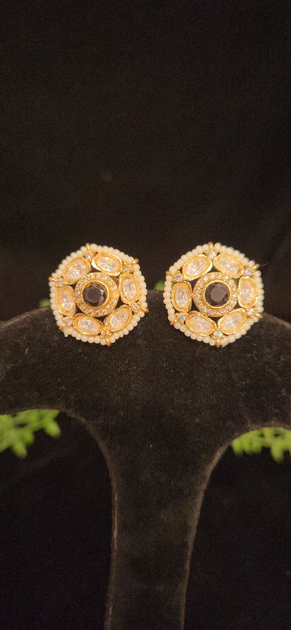 Polki Kundan Gold Finish Pearl Studs