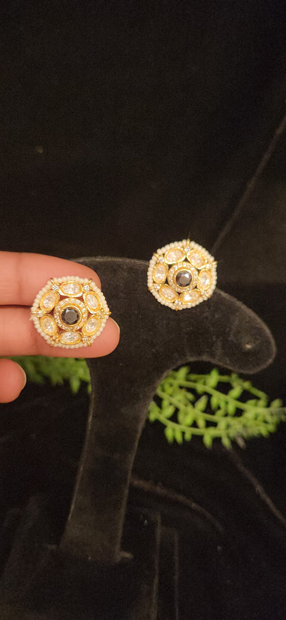 Polki Kundan Gold Finish Pearl Studs
