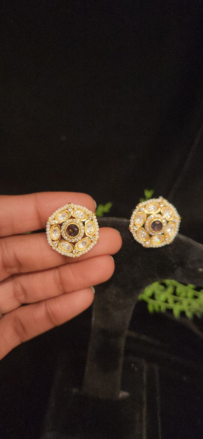 Polki Kundan Gold Finish Pearl Studs