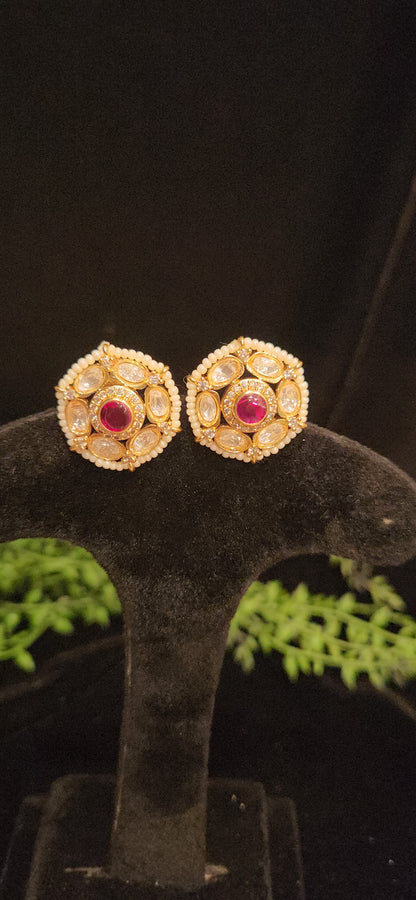 Polki Kundan Gold Finish Pearl Studs