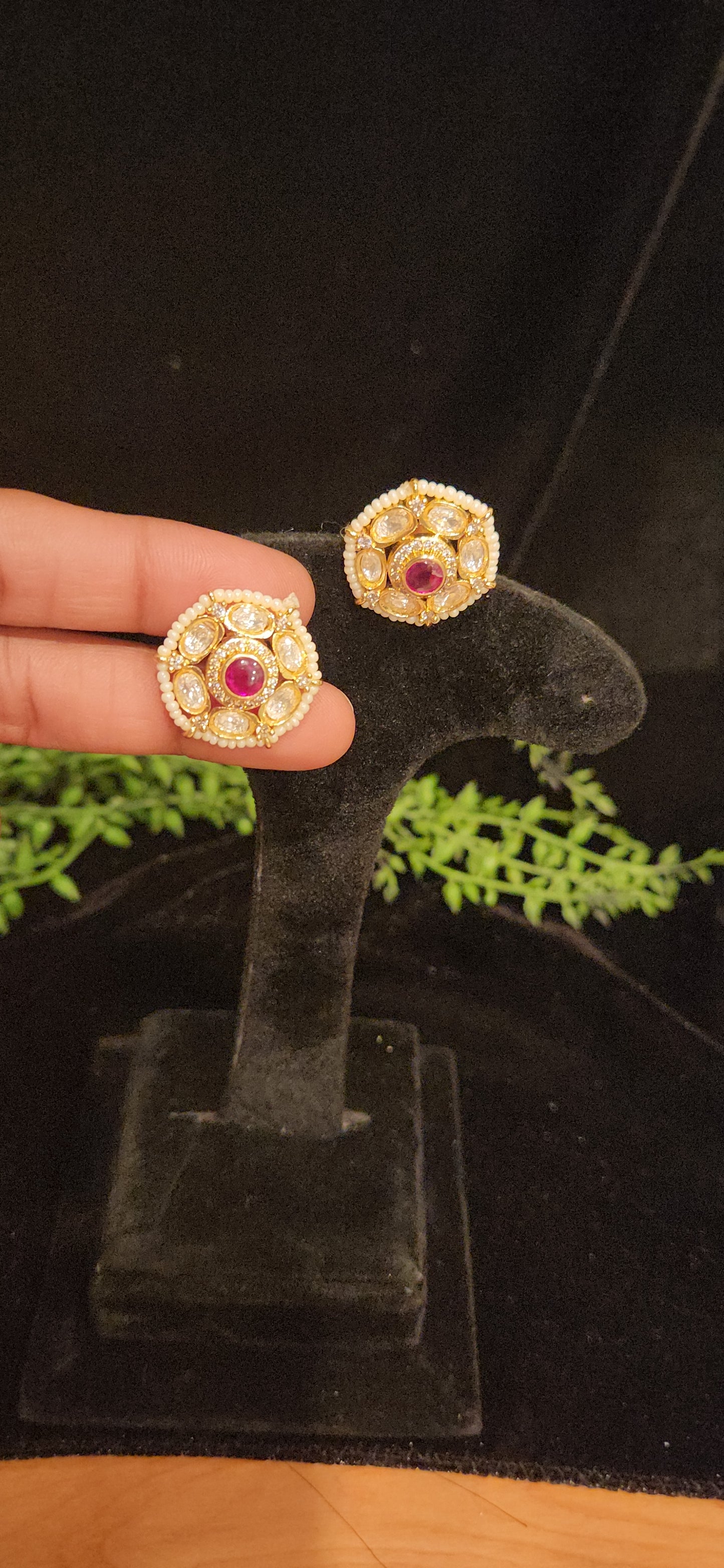 Polki Kundan Gold Finish Pearl Studs