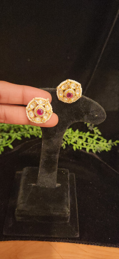 Polki Kundan Gold Finish Pearl Studs