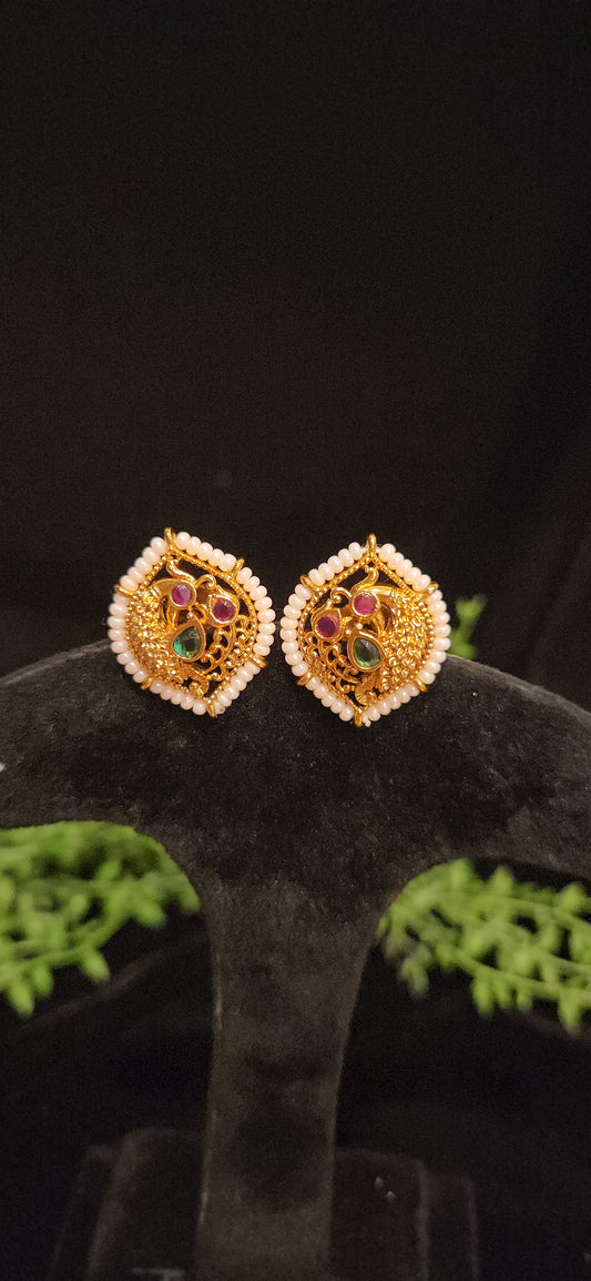 Leaf Design Peacock Pearl Studs