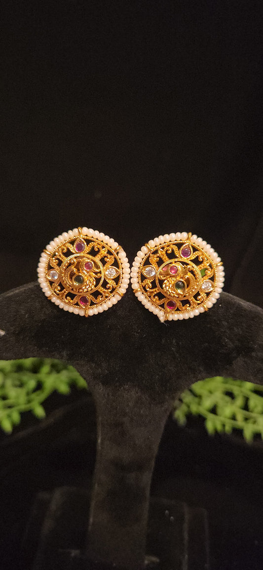 Peacock Design Matt Finish Multicolor Pearl Studs