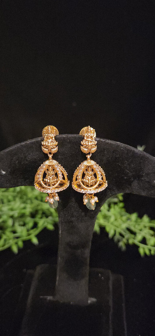 Antique Lakshmi Temple Jhumka Earrings with Pearl & Green Bead Drops