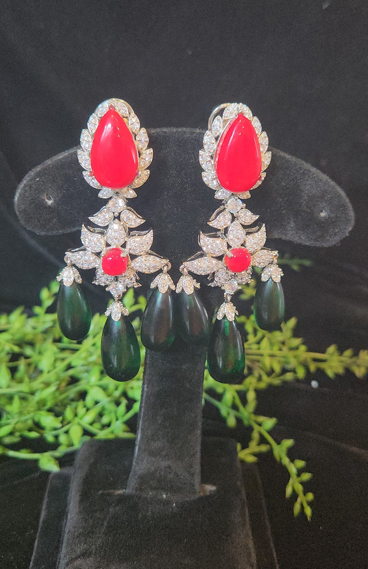 Red & Green Floral Drop Designer Earrings