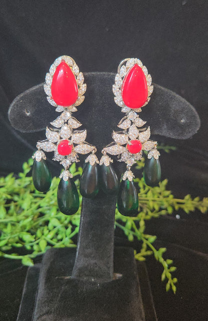 Red & Green Floral Drop Designer Earrings