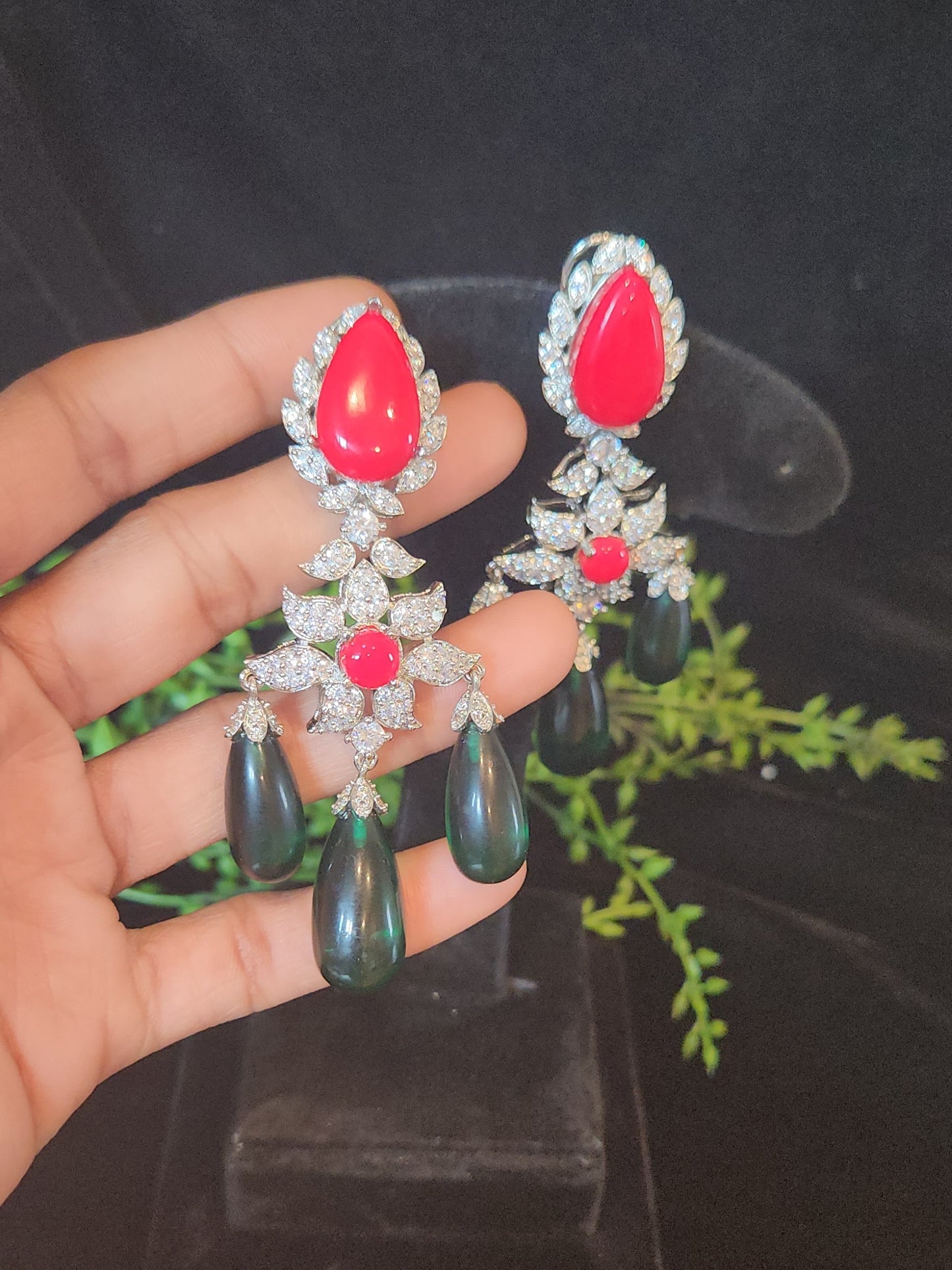 Red & Green Floral Drop Designer Earrings