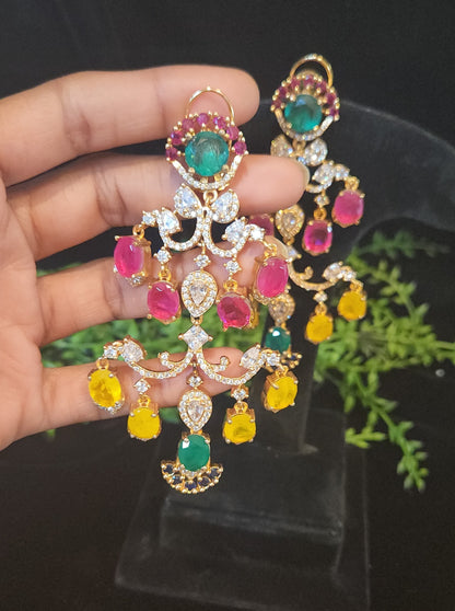 Multi Color Premium Double Eight Stone Long Luxury Earrings