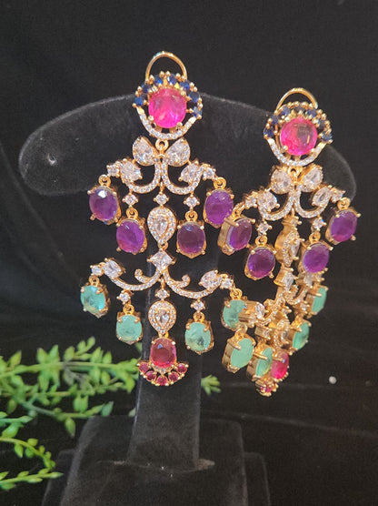 Multi Color Premium Double Eight Stone Long Luxury Earrings