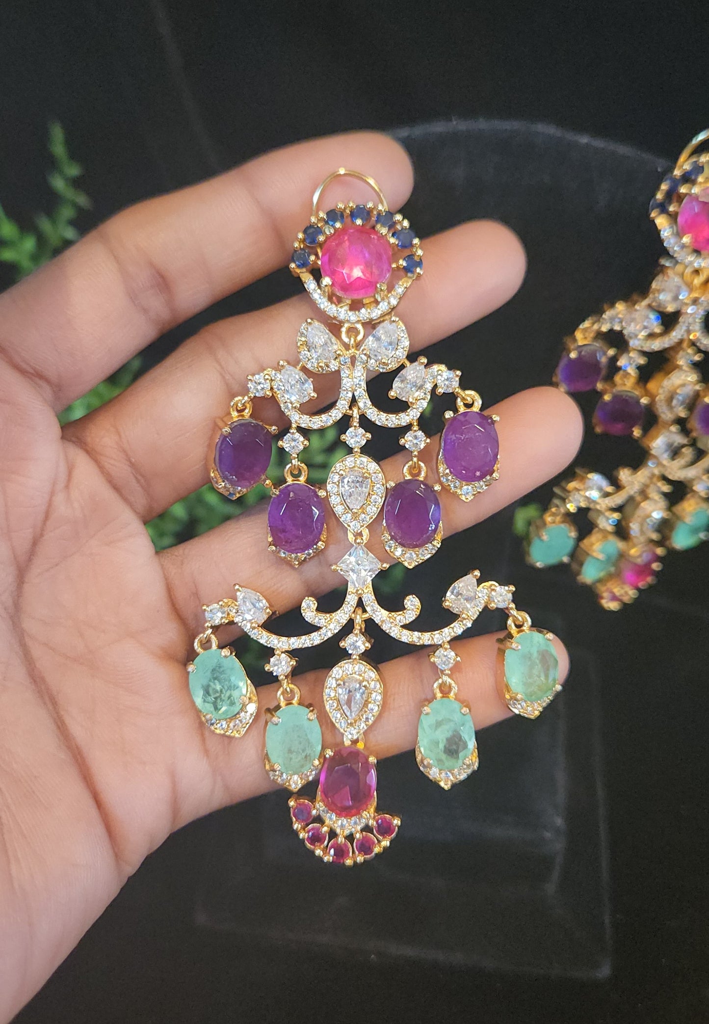 Multi Color Premium Double Eight Stone Long Luxury Earrings