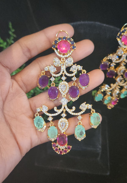Multi Color Premium Double Eight Stone Long Luxury Earrings
