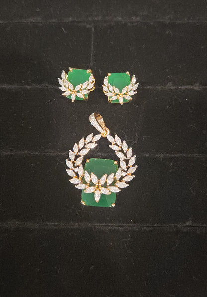 Elegant Green Leaf CZ Pendant Set