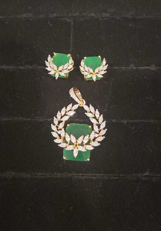 Elegant Green Leaf CZ Pendant Set