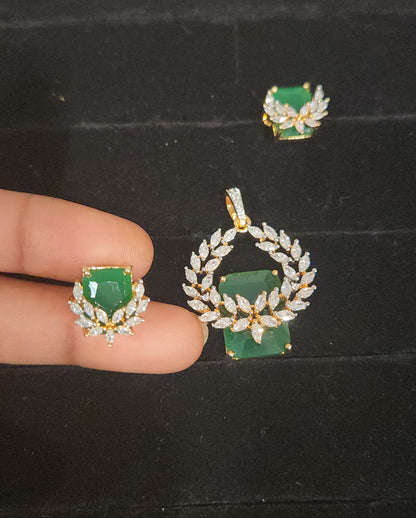 Elegant Green Leaf CZ Pendant Set