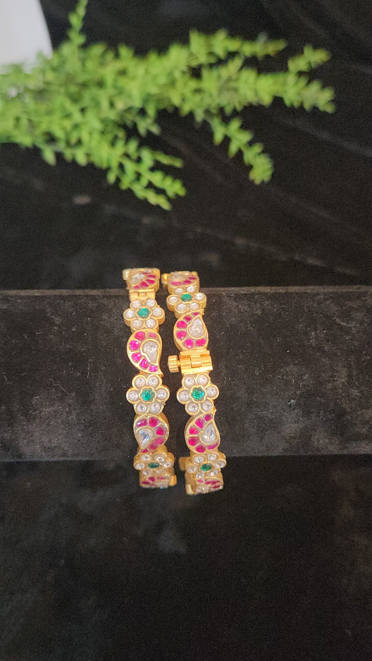 Kundan Ruby Emerald Mango Floral Bangles