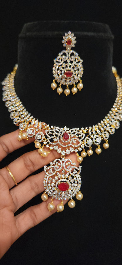 92.5 Silver Ruby Lotus Designer Diamond Finish Necklace Set