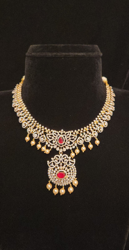 92.5 Silver Ruby Lotus Designer Diamond Finish Necklace Set