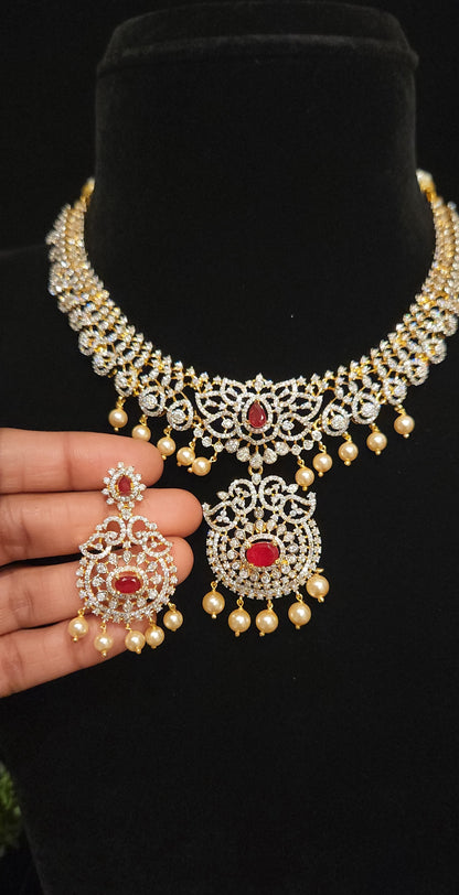 92.5 Silver Ruby Lotus Designer Diamond Finish Necklace Set