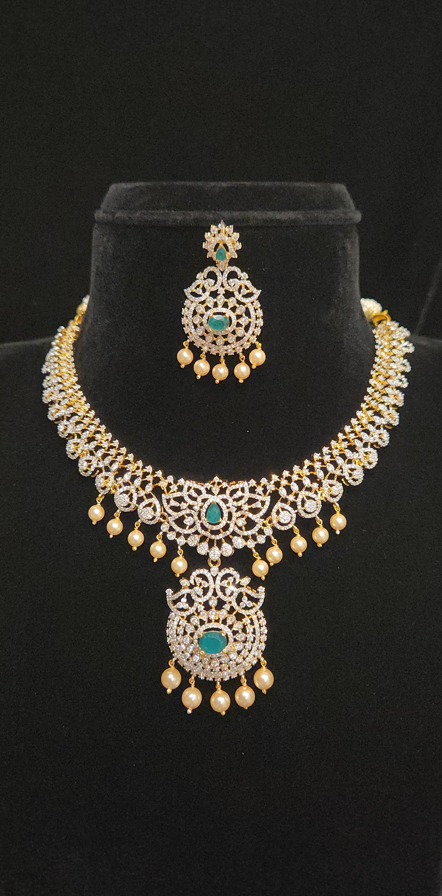 92.5 Silver Ruby Lotus Designer Diamond Finish Necklace Set