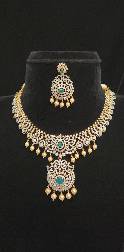 92.5 Silver Ruby Lotus Designer Diamond Finish Necklace Set