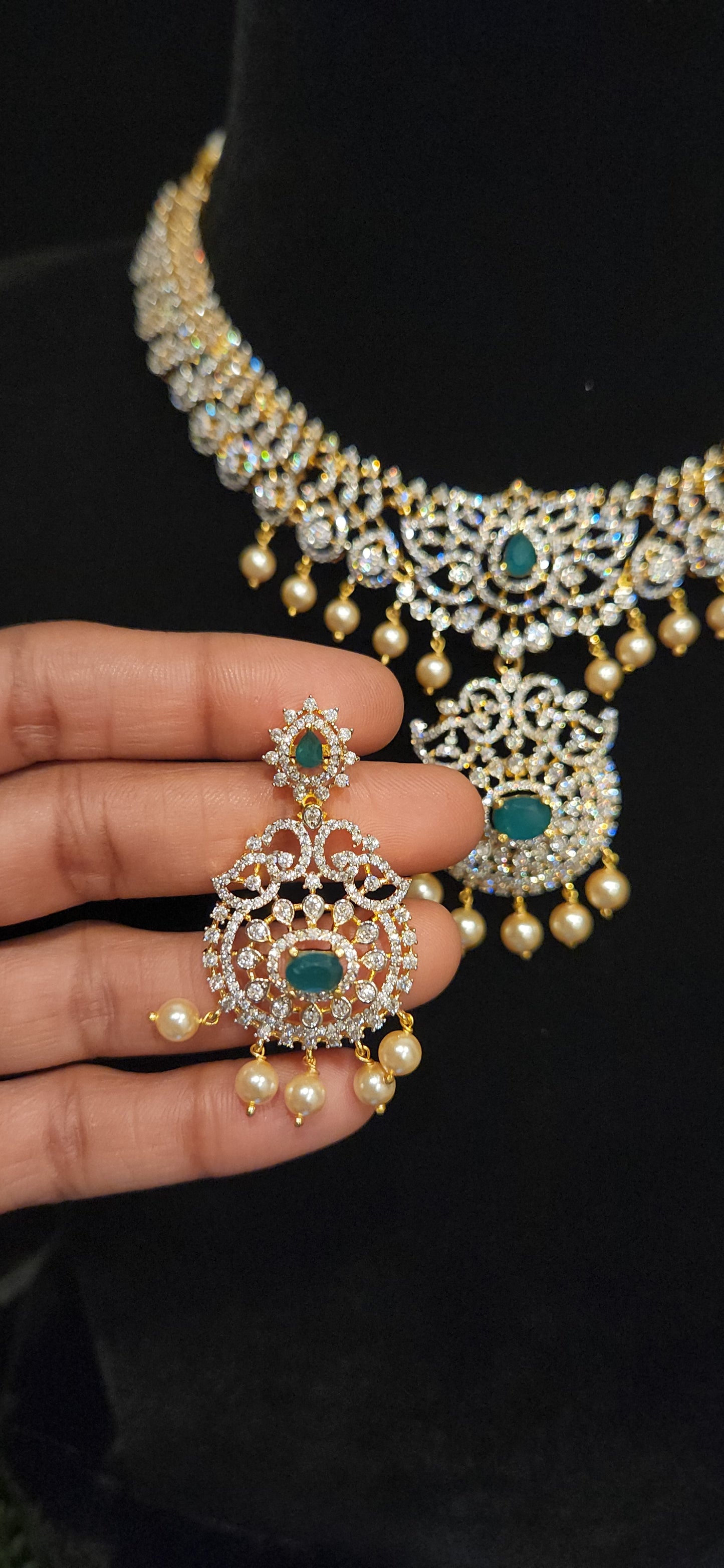 92.5 Silver Ruby Lotus Designer Diamond Finish Necklace Set