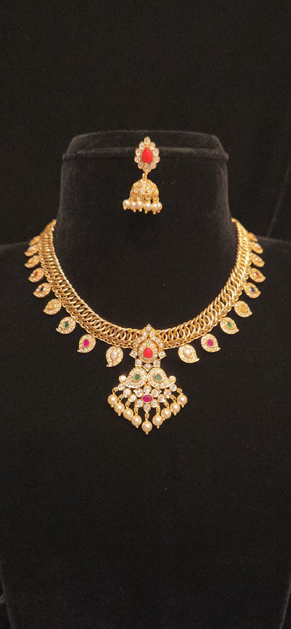 92.5 Silver Multi-Color Gold Finish Designer Necklace Set
