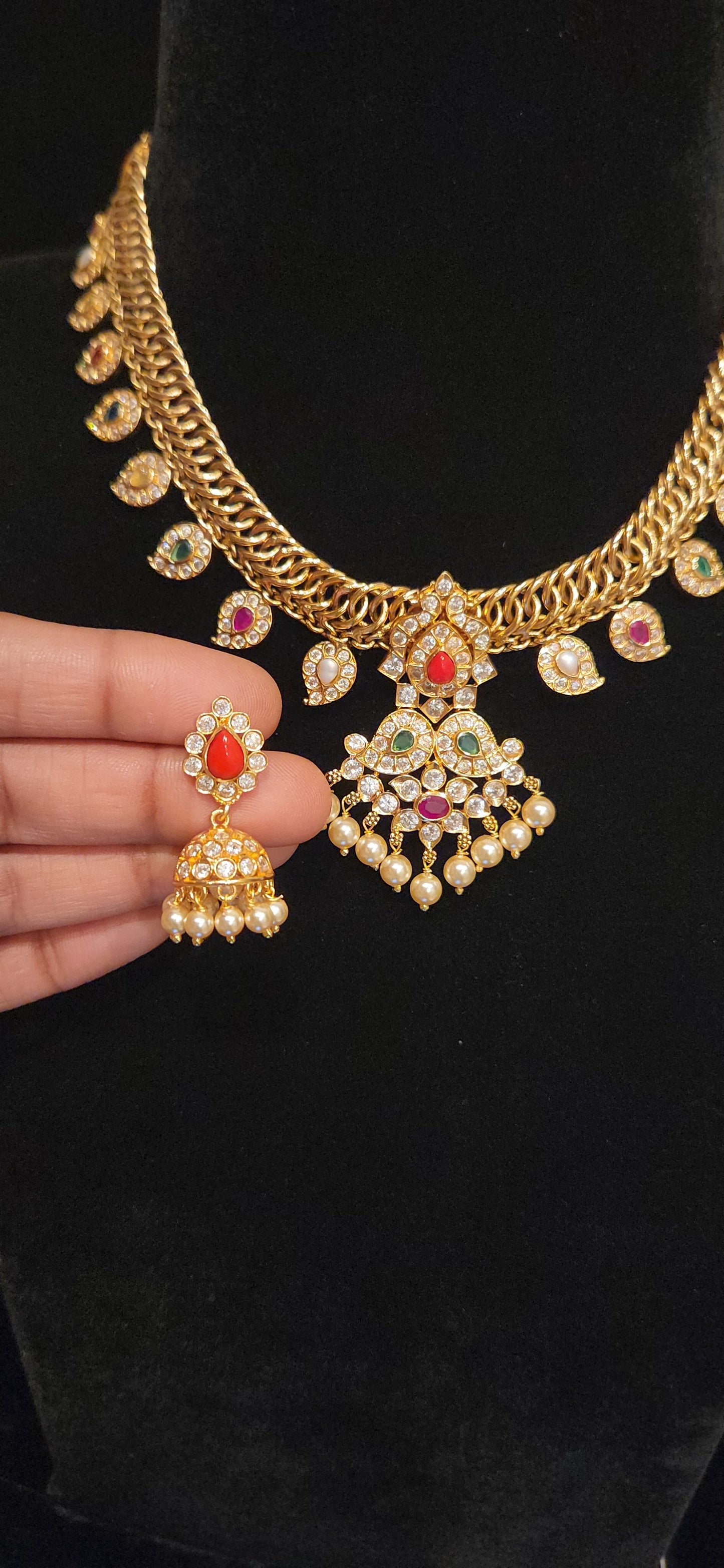 92.5 Silver Multi-Color Gold Finish Designer Necklace Set