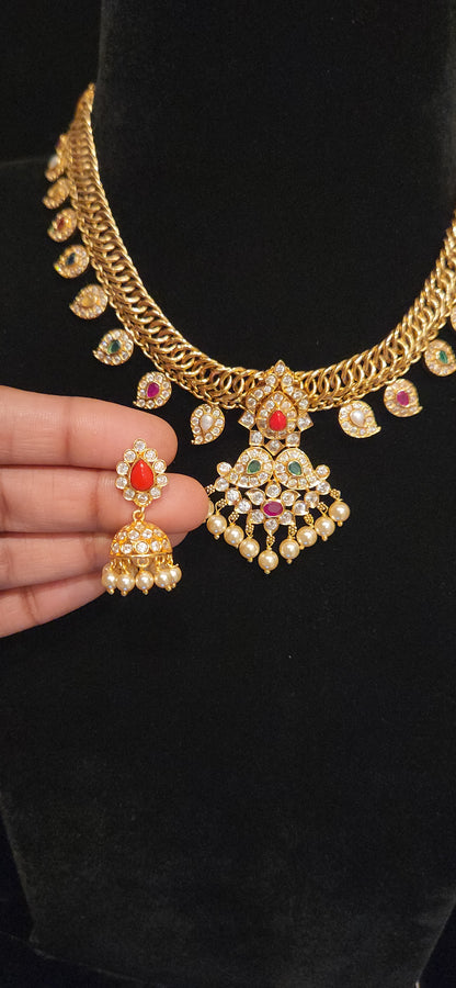 92.5 Silver Multi-Color Gold Finish Designer Necklace Set
