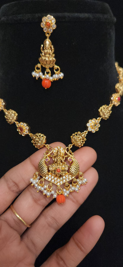 92.5 Silver Lakshmi Peacock Designer Necklace Set