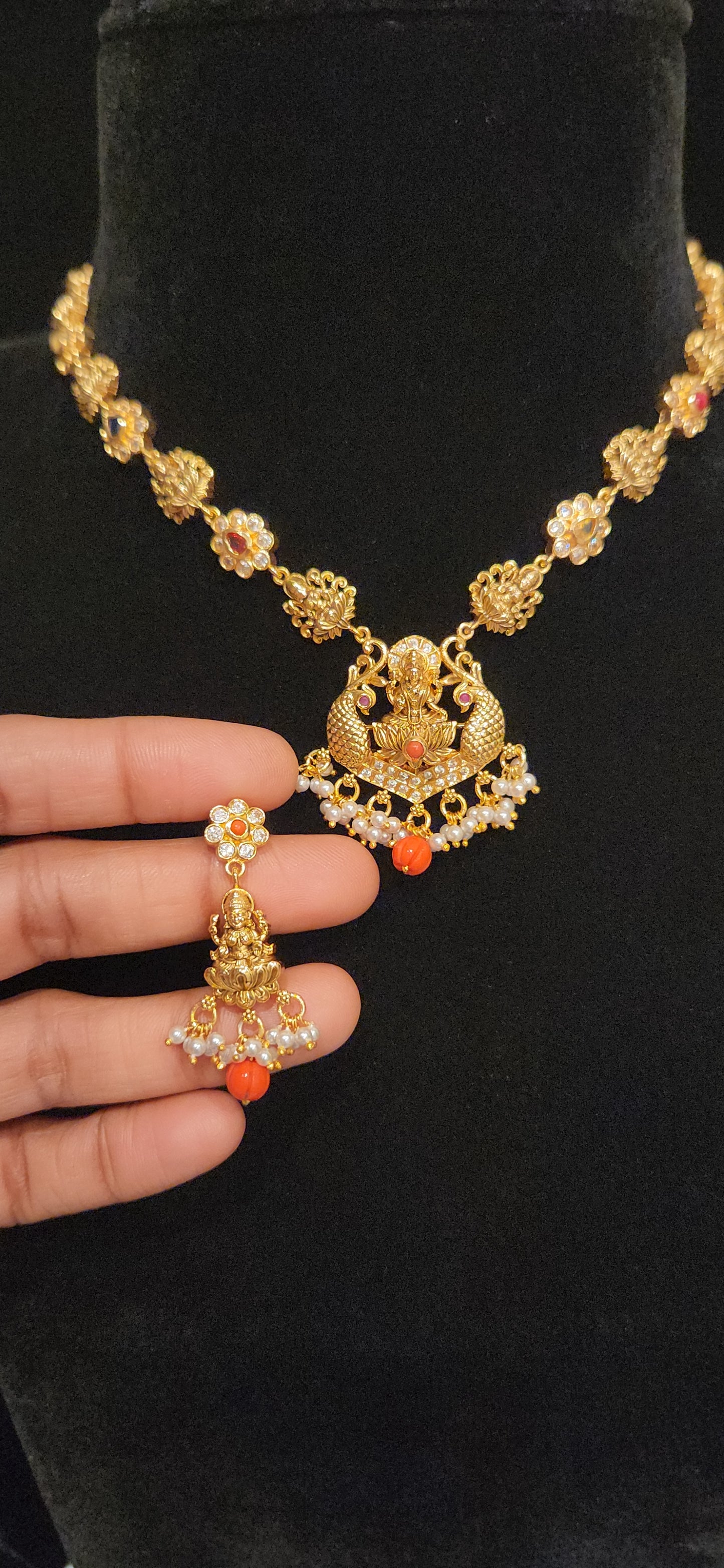 92.5 Silver Lakshmi Peacock Designer Necklace Set