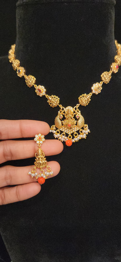 92.5 Silver Lakshmi Peacock Designer Necklace Set