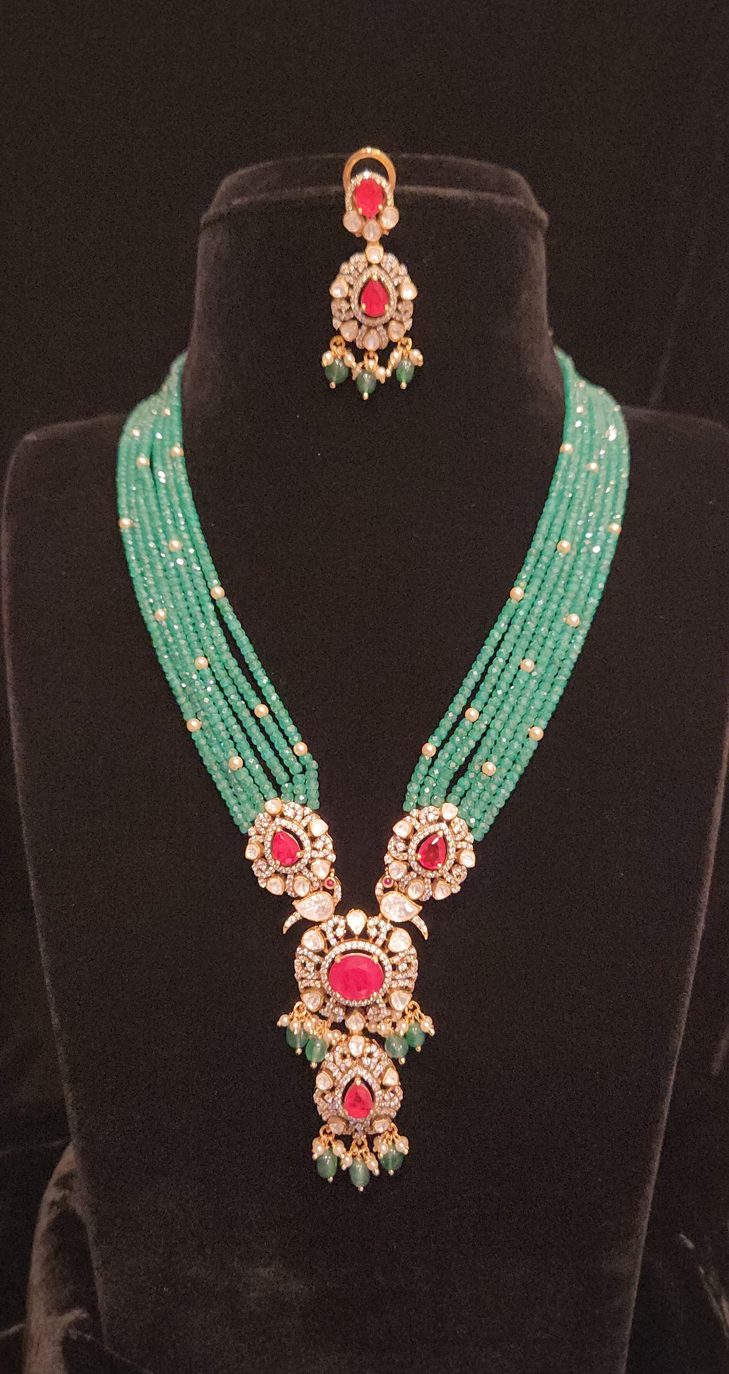 92.5 Silver Ruby Emerald Beaded Cascade Necklace Set