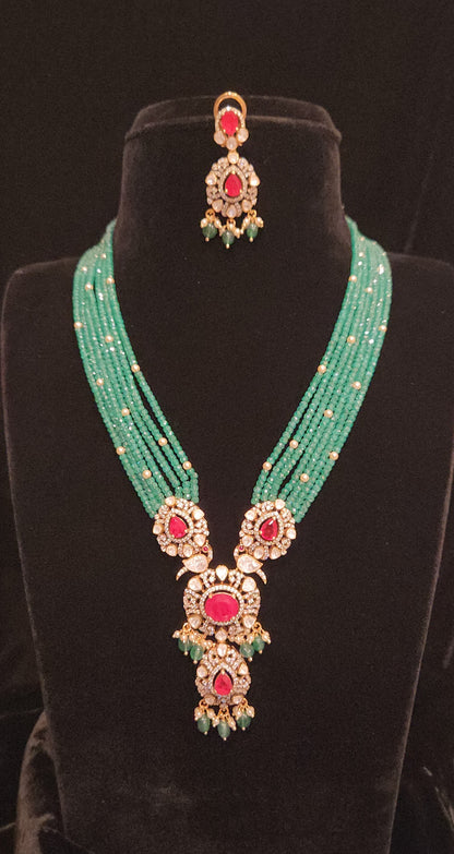 92.5 Silver Ruby Emerald Beaded Cascade Necklace Set