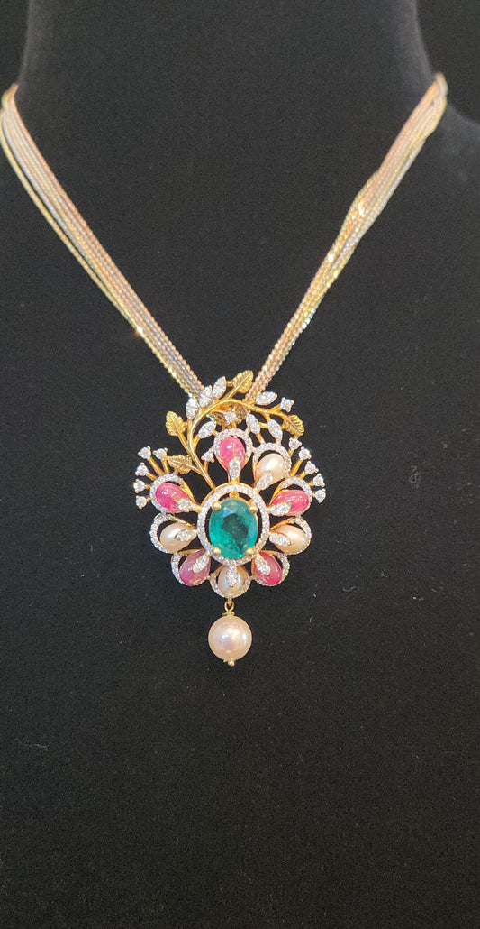 92.5 Silver Floral Bloom Multicolor Pendant Set