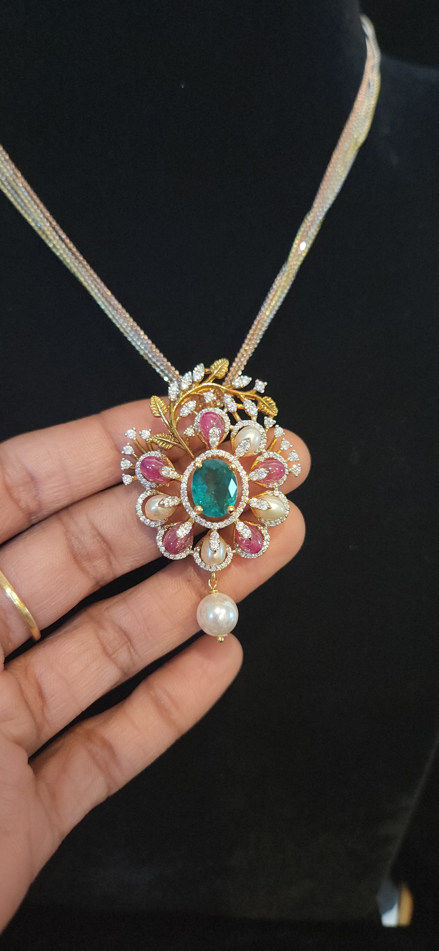 92.5 Silver Floral Bloom Multicolor Pendant Set