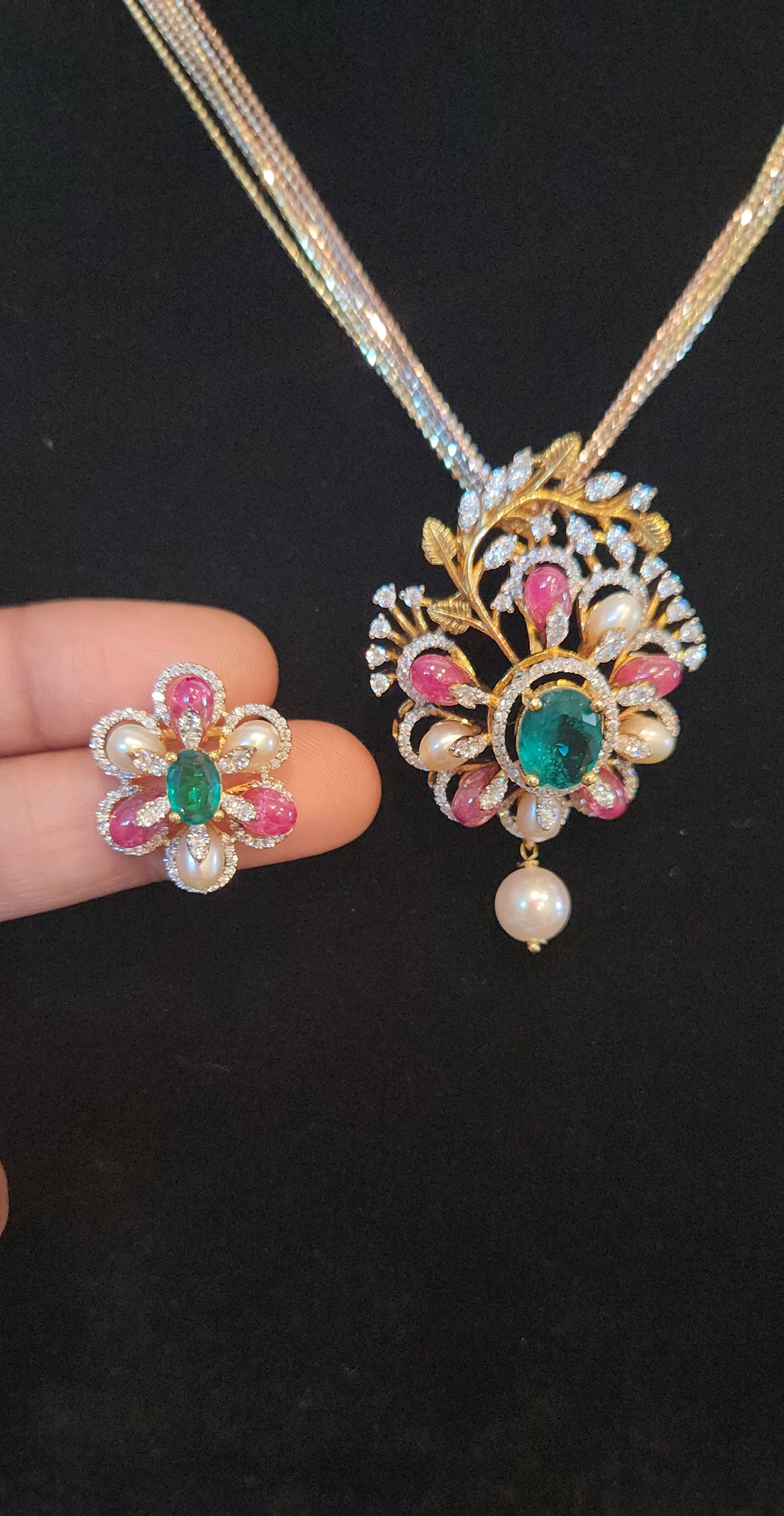 92.5 Silver Floral Bloom Multicolor Pendant Set