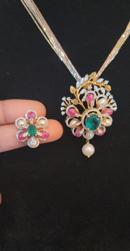 92.5 Silver Floral Bloom Multicolor Pendant Set