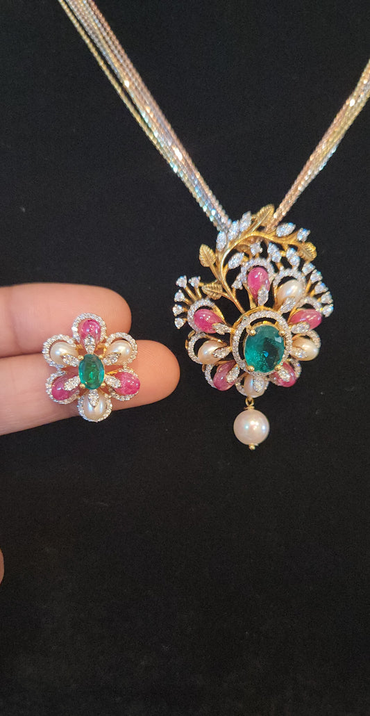 92.5 Silver Floral Bloom Multicolor Pendant Set