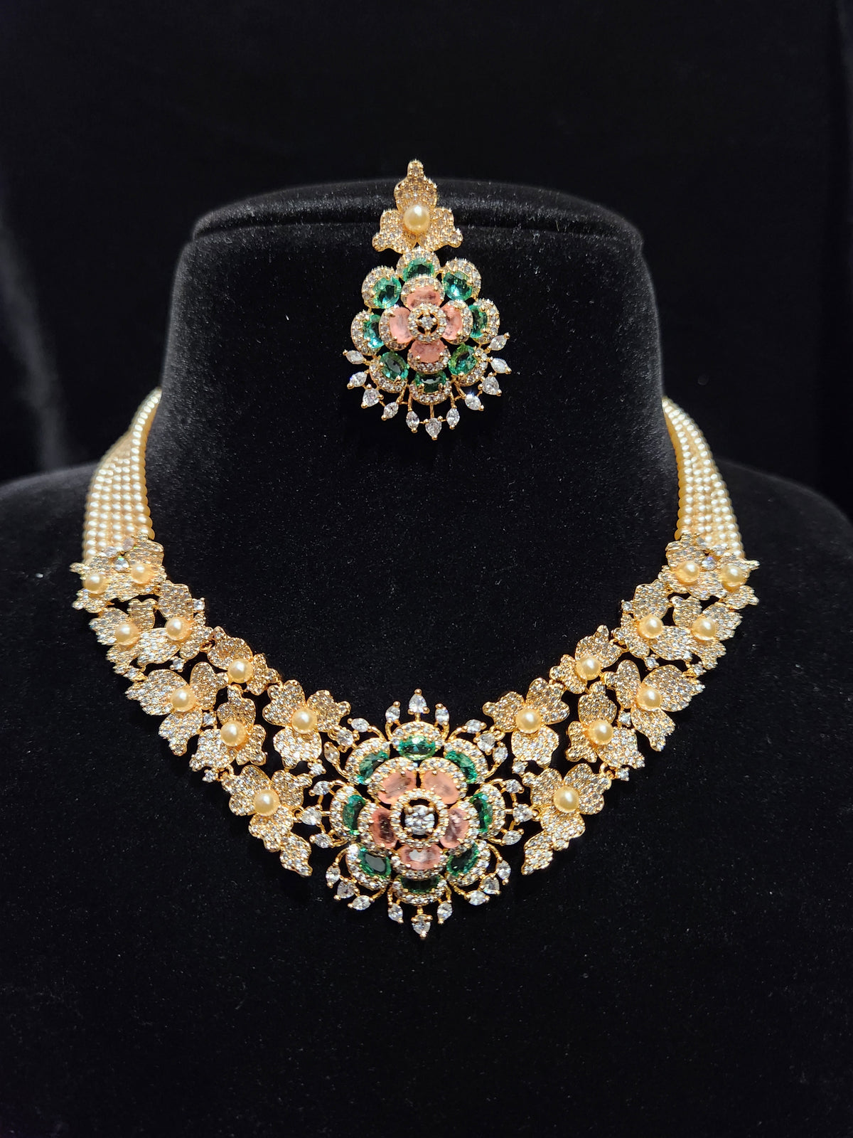Floral Elegance CZ and Pearl Neckset