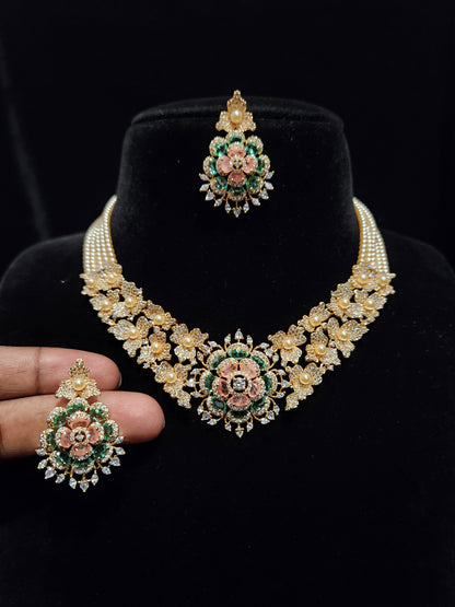 Floral Elegance CZ and Pearl Neckset