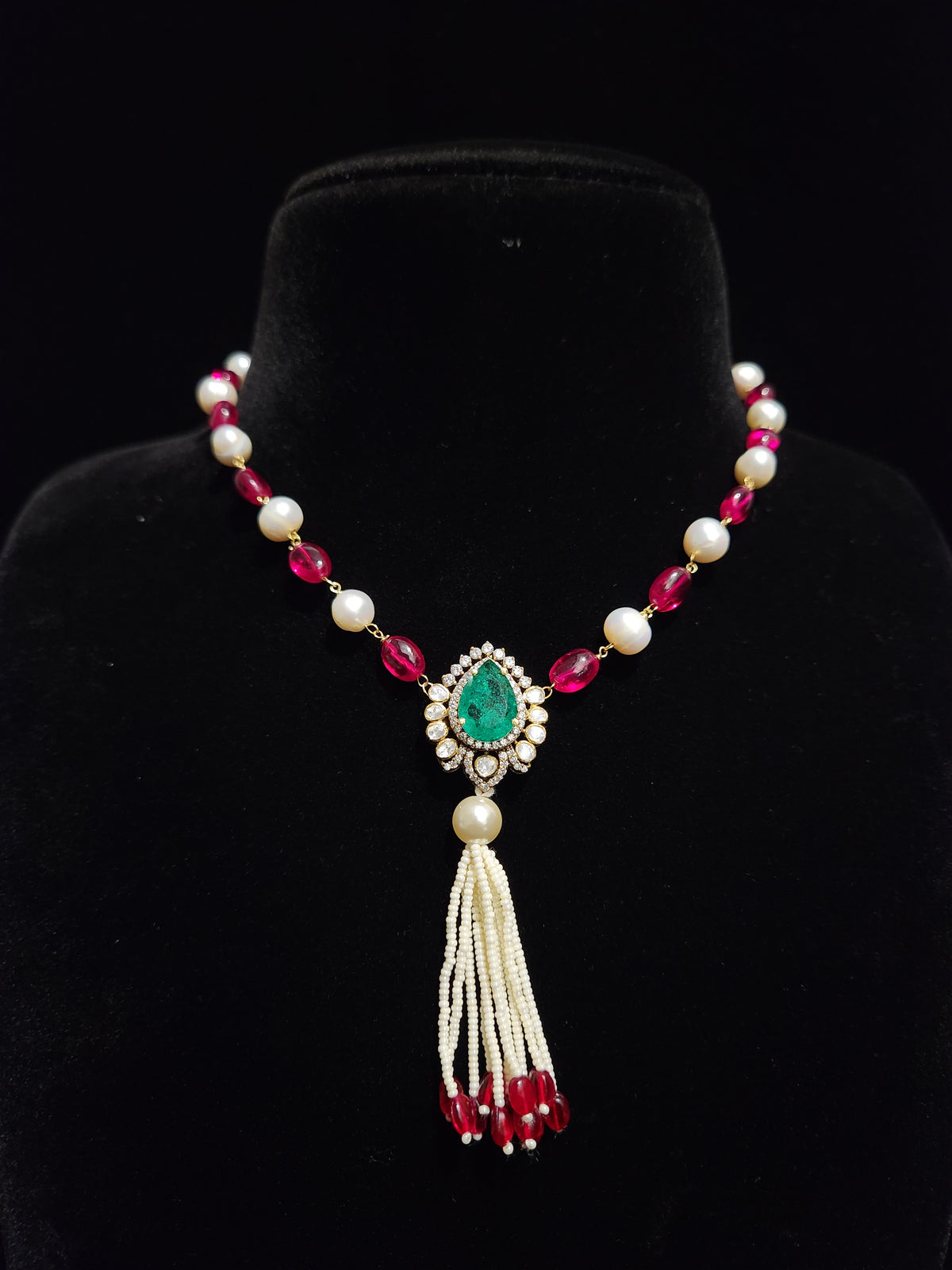 92.5 Silver Ruby Pearl Tassel Necklace Set