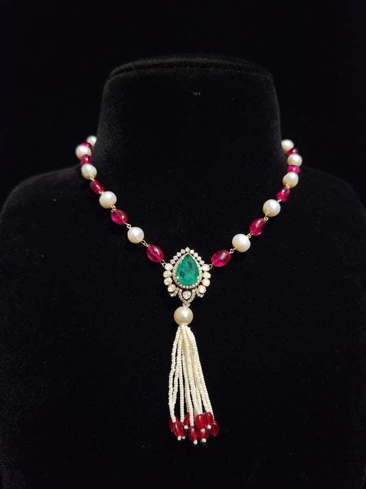 92.5 Silver Ruby Pearl Tassel Necklace Set