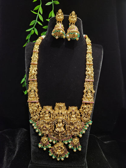 Antique Gold Finish Temple Haram Set with Lakshmi Design